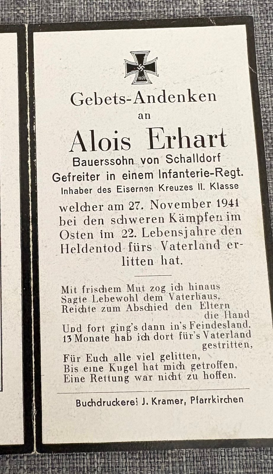 Duits bidprentje 1941, Verzamelen, Bidprentjes en Rouwkaarten, Ophalen of Verzenden, Bidprentje