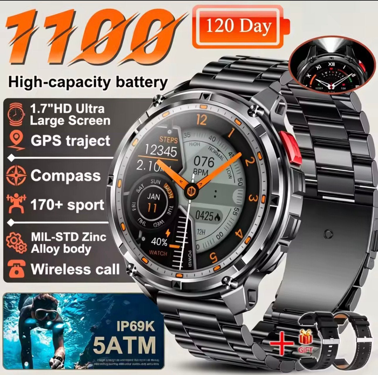 Smartwatch, batterijduur van 120 uur, 2 jaar garantie, Verzenden, Nieuw