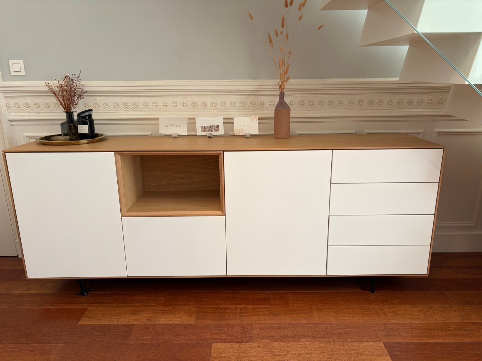 Prachtige design Saunaco NYRO dressoir – naturel eik/wit, Ophalen, Met lade(s), Eikenhout, Zo goed als nieuw