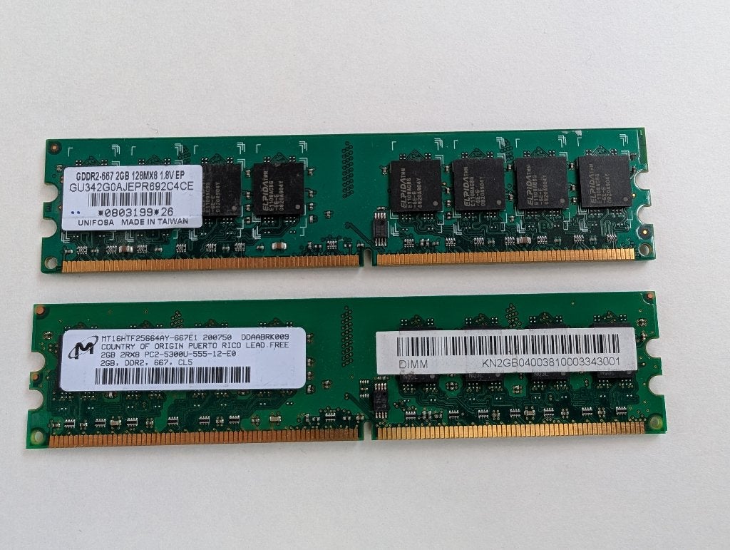 Micron 2GB DDR2-667MHz RAM (2x), Computers en Software, RAM geheugen, Gebruikt, Desktop, 2 GB, DDR2, Ophalen