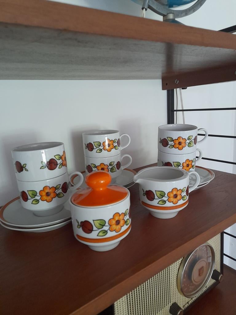 Vintage midcentury koffieservies oranje wit bruin Mitterteic, Antiek en Kunst, Ophalen of Verzenden