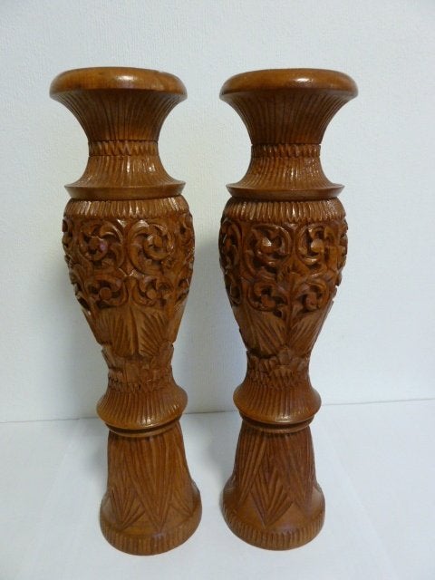 Koppel houten gesculptuurde vazen, 52cm! samen 5kg, Antiek en Kunst, Overige onderwerpen, Houtsnijwerk, Handgemaakt, Hout