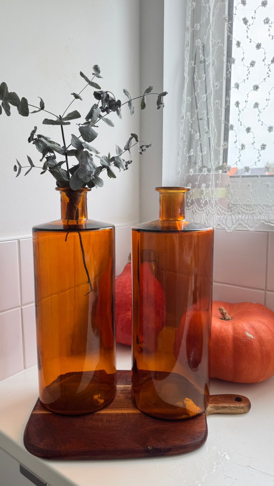 Set van 2 amberkleurige glazen vazen / flesvazen, Ophalen, Zo goed als nieuw, Bruin, Glas