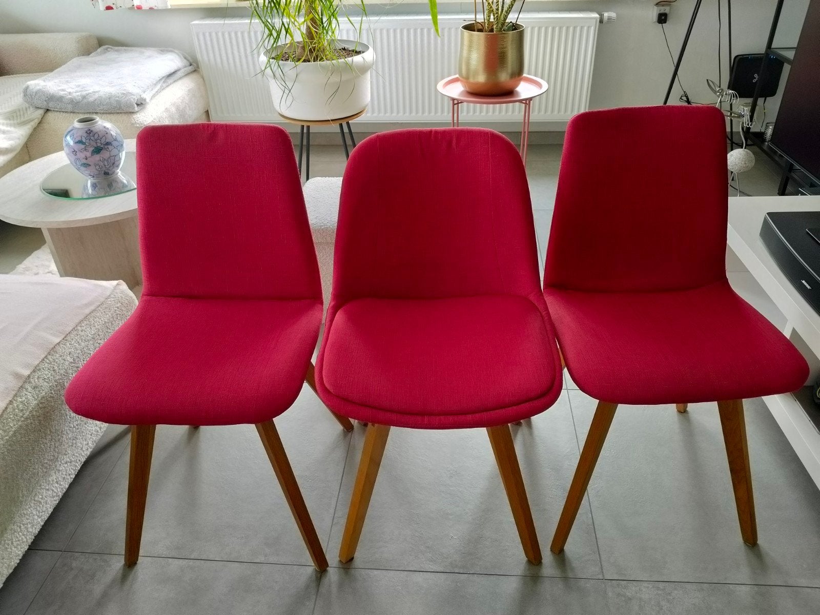 drie rode stoelen in stof, Maison & Meubles, Chaises, Enlèvement, Tissus, Trois