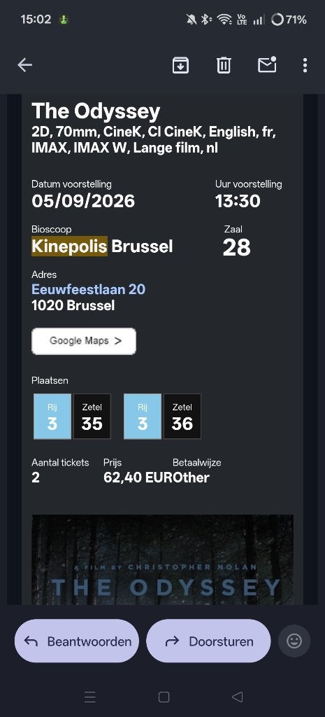 Billets Odyssey Imax 70mm 5/9 13:30, Tickets & Billets, Ne s'applique pas, Billet gratuit films spécifiques, Conçu pour IMAX, Deux personnes