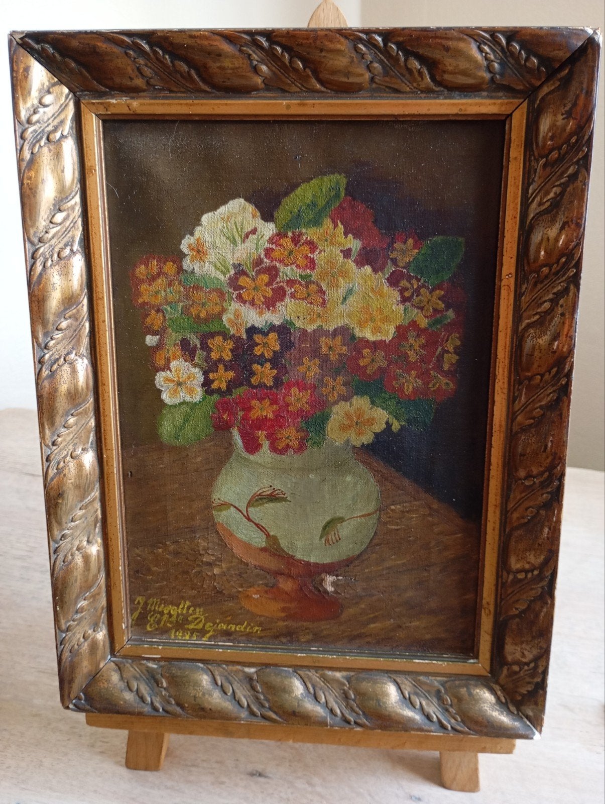 Zéér OUD Olieverf schilderijtje op Doek Gesign. J Misotten, Antiek en Kunst, Bloemen, Doek, Ophalen of Verzenden, Gesigneerd