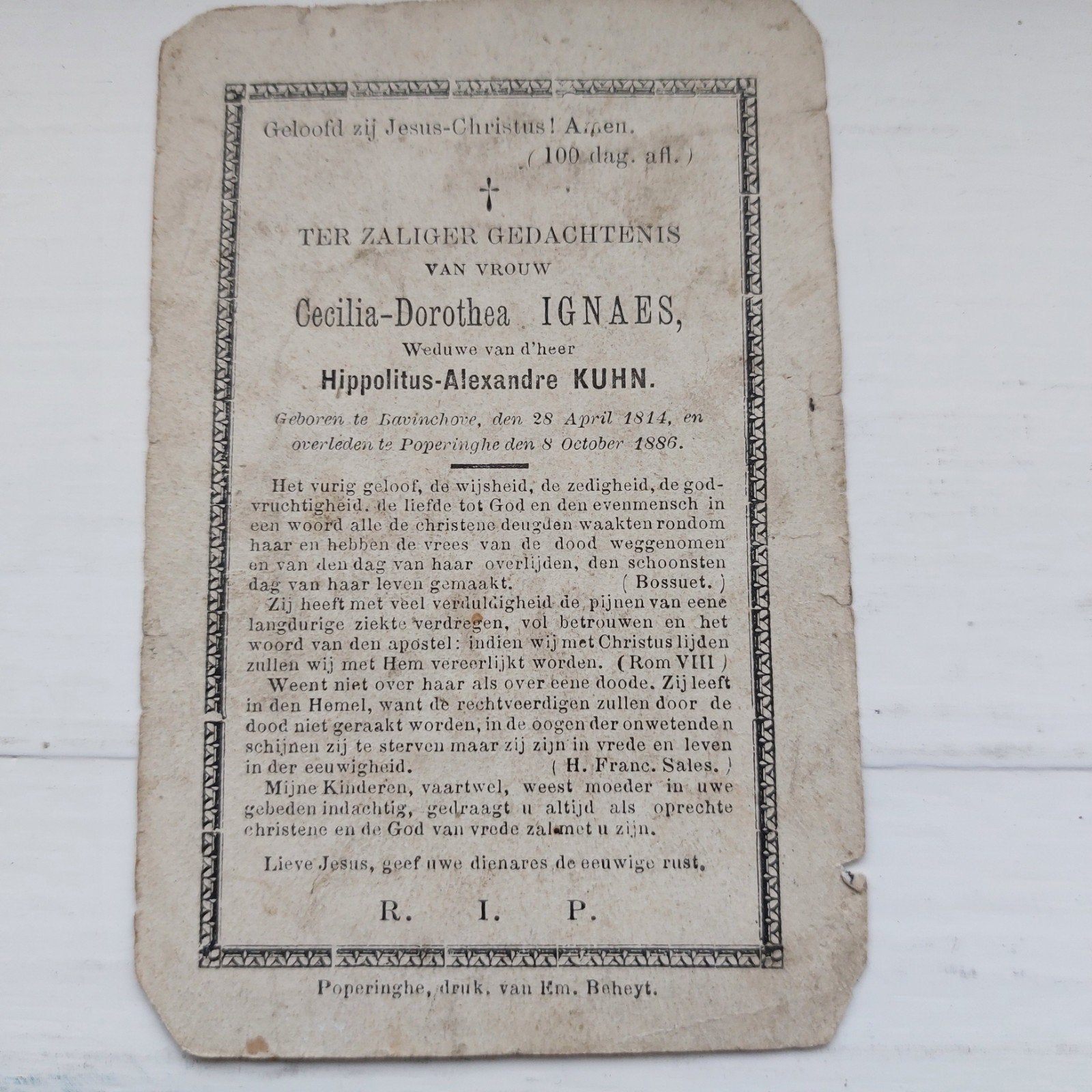 Bidprentje Bavikhove-Poperinge 1814-1886, Ophalen of Verzenden, Bidprentje