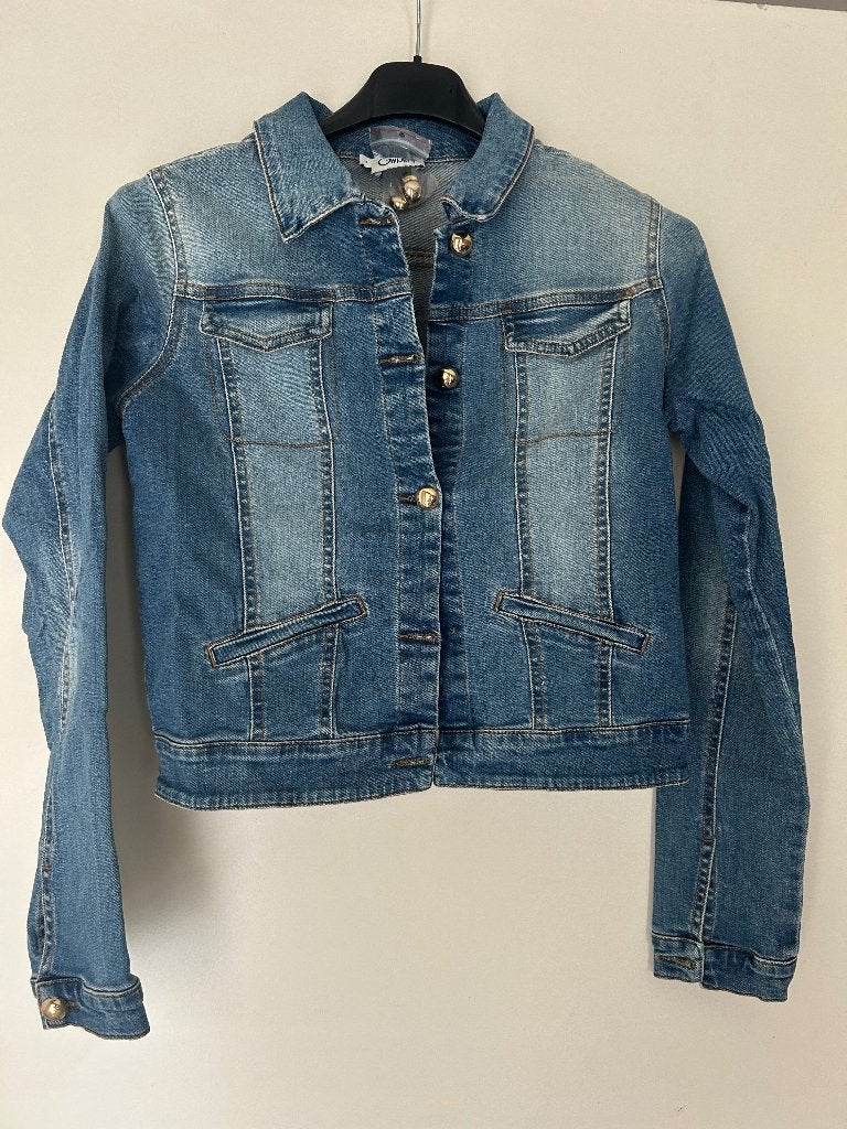 Jeansjas S, Kinderen en Baby's, Kinderkleding | Maat 158, Ophalen, Meisje, Trui of Vest, Zo goed als nieuw