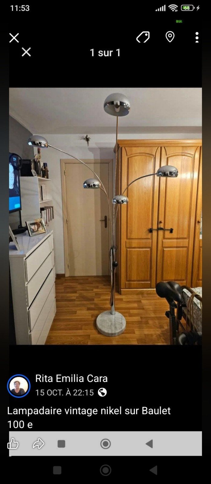 belle lampadaire vintage nikel, Maison & Meubles, Enlèvement