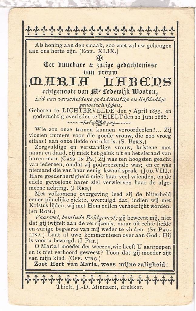 Bp. Labens Maria. ° Lichtervelde 1855 † Thielt 1886, Verzamelen, Bidprentjes en Rouwkaarten, Ophalen of Verzenden, Bidprentje