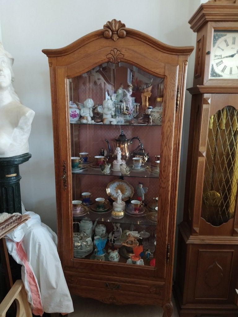 Glazen vitrinekast, eikenhout, Maison & Meubles, Armoires | Vitrines, Utilisé, 150 à 200 cm, 50 à 100 cm, 25 à 50 cm, Avec tiroir(s)