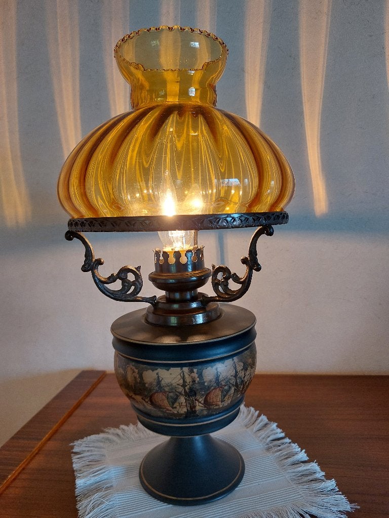 Lampe vintage "Fiorentino" en céramique & verre ambré, Maison & Meubles, Vintage, Comme neuf, Lampe de chevet, E14 (petit)