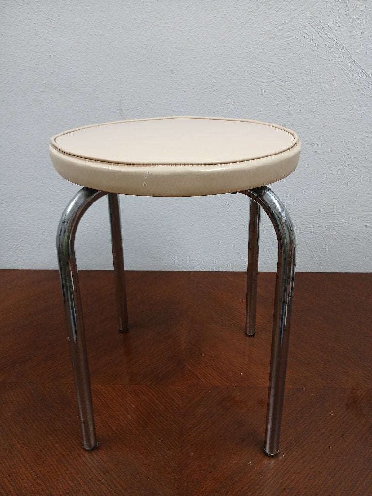 Vintage chromen krukje met skai lederen zitting, Gebruikt, Wit, Ophalen of Verzenden, Metaal