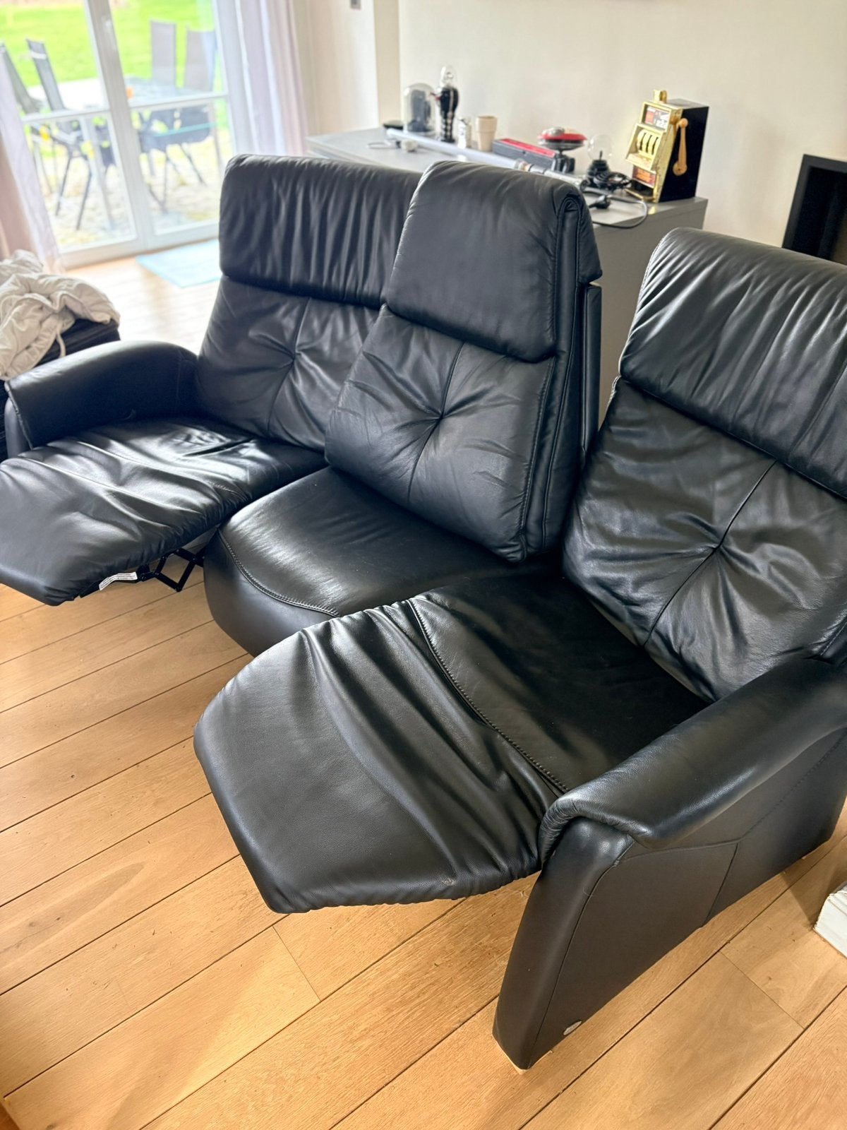 Canapé Himolla 3 places + fauteuil relax manuel en cuir noir, Enlèvement, Comme neuf, Cuir