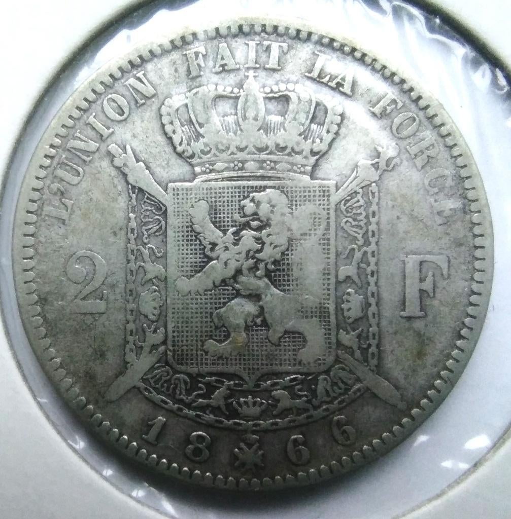 België 2 francs 1866 (met kruis op kroon) - model A, Postzegels en Munten, Munten | België, Zilver, Ophalen of Verzenden, Losse munt