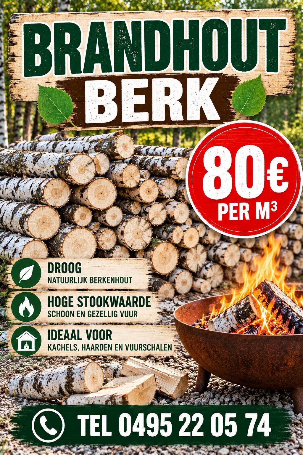 Brandhout berk op stammen van 2 m. Makkelijk te vervoeren, Tuin en Terras, 6 m³ of meer, Ophalen, Berkenhout, Stammen