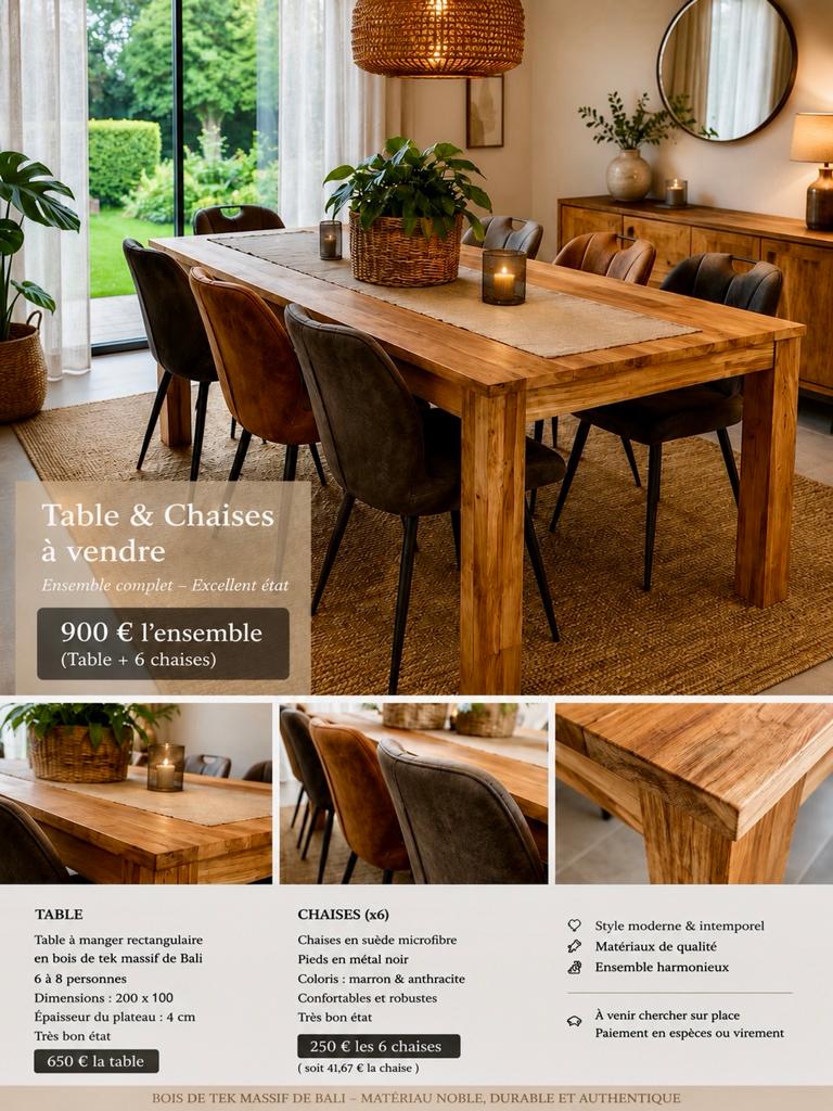 table à manger en teck massif de Bali + 6 chaises design, Enlèvement, Comme neuf, 6 à 8 chaises