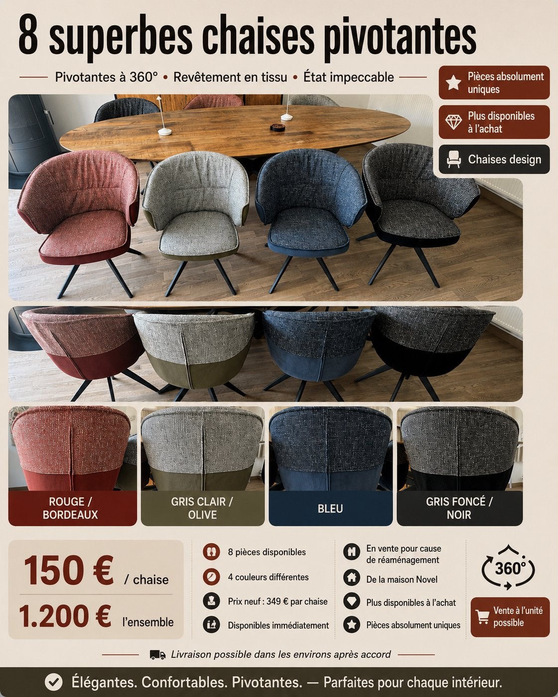 8 chaises pivotantes Novel – 4 couleurs – état impeccable, Enlèvement, Comme neuf