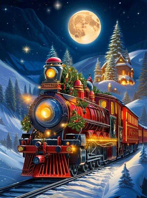 50x40cm Diamond Painting kerst trein (rond) nr 75, Verzenden, Nieuw, Meerkleurig, Overige materialen