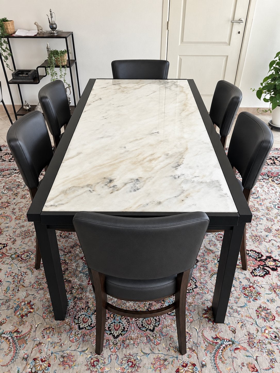 Table d'extension en marbre de luxe + 6 chaises en cuir, Enlèvement, Comme neuf