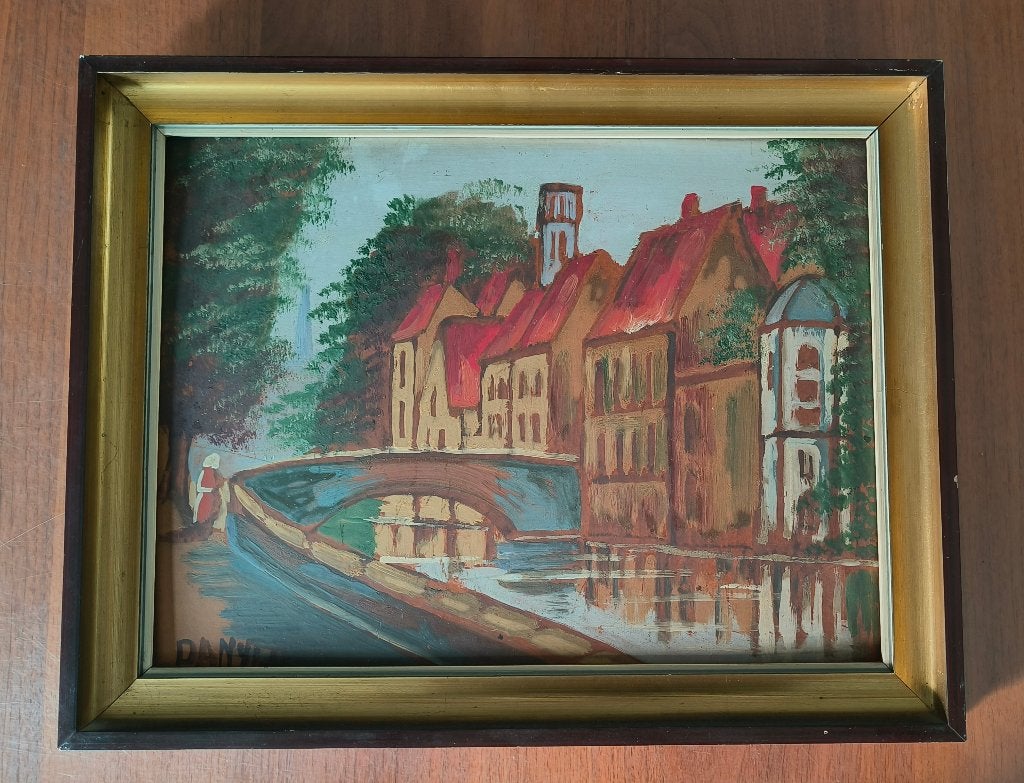 Vintage schilderijtje Brugge, Paneel, Ophalen of Verzenden, Gesigneerd, Olieverf
