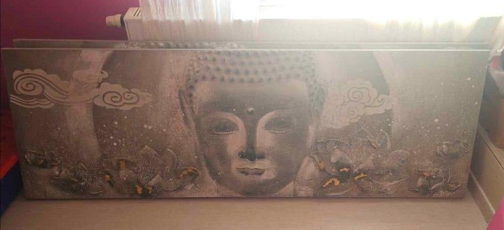 2 grands cadre bouddha, Accents dorés, Autres matériaux, Comme neuf, Gris
