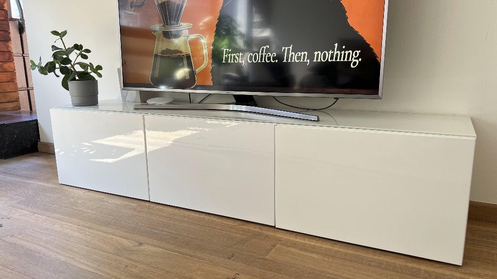 IKEA BESTÅ tv-meubel wit hoogglans + glazen blad, Ophalen, 150 tot 200 cm, Zo goed als nieuw, Minder dan 100 cm