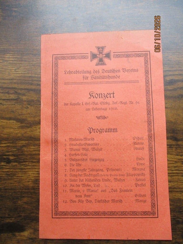 1916. Concert pour Sanitatshunde, Collections, Objets militaires | Général, Envoi