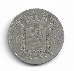 België: 50 cent 1866 FR - zilver = morin 180, Verzenden, Zilver, Losse munt, Zilver