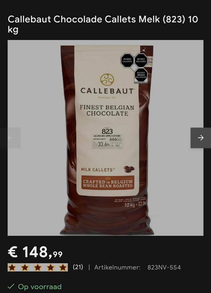 Callebaut chocolade melk wit en zwart 10 euro de kilo, Zakelijke goederen, Ophalen
