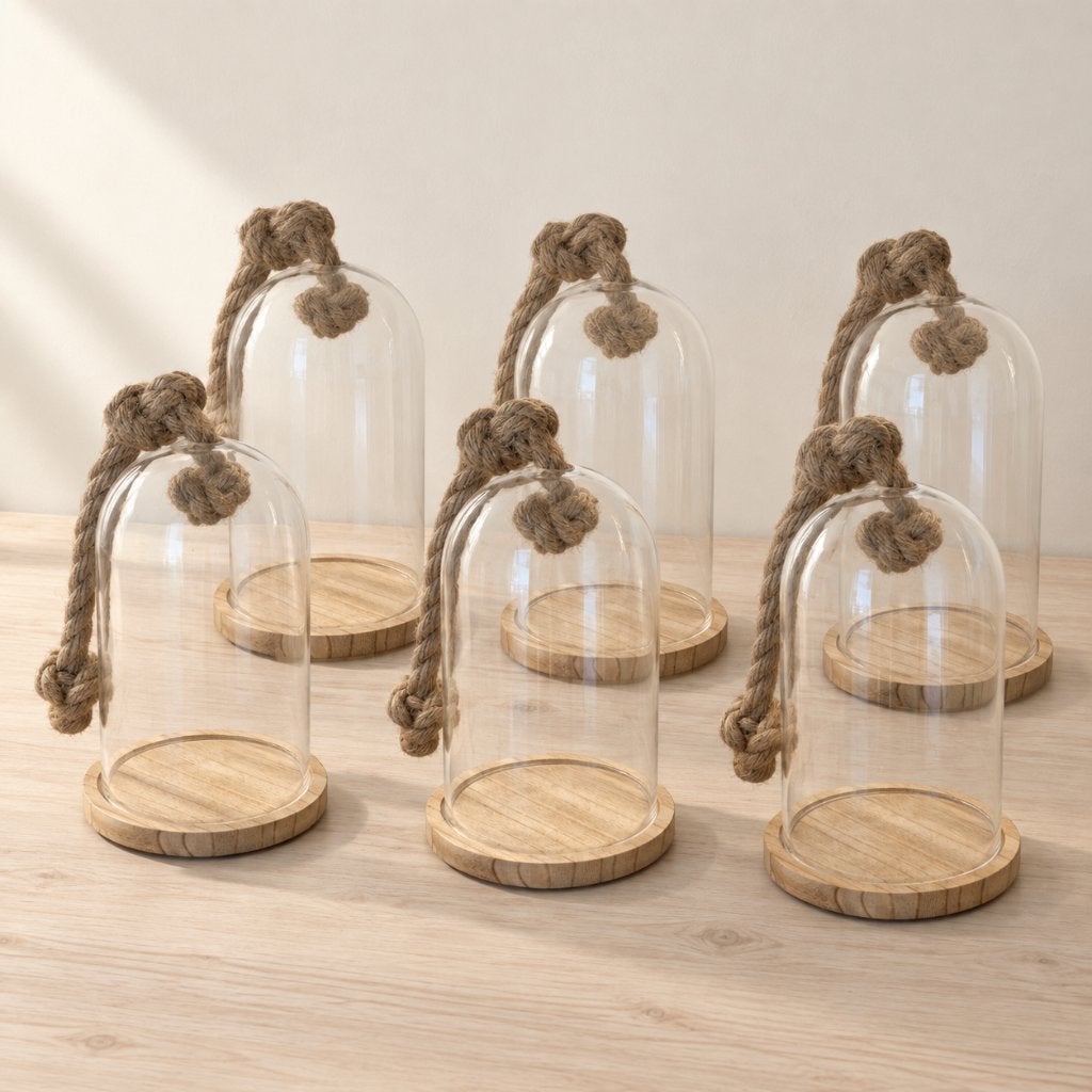 Glazen stolpen met houten voet & touw – 40 beschikbaar, Avec plateau, Enlèvement, 12 cm, Verre