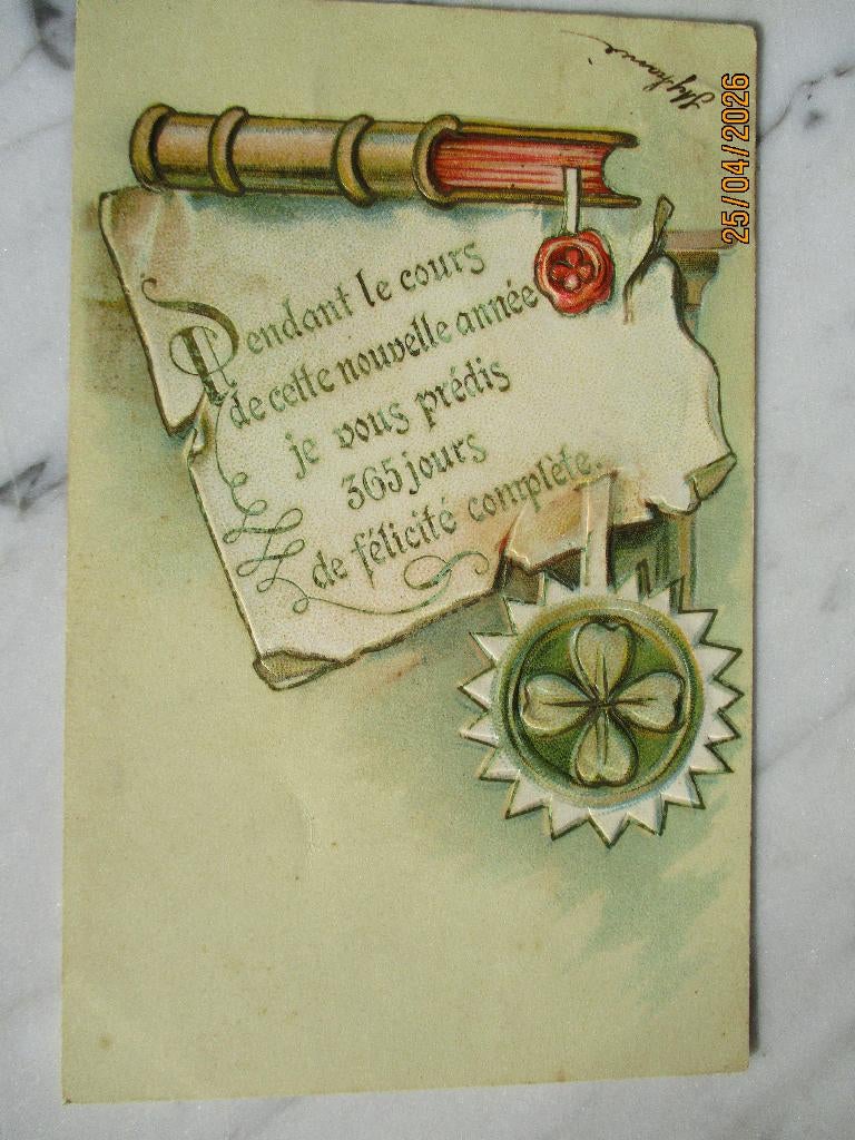 nieuwjaar oud boek perkament klaver vier lakzegel 1919, Verzamelen, Verzenden, Voor 1920, Gelopen, Feest(dag)