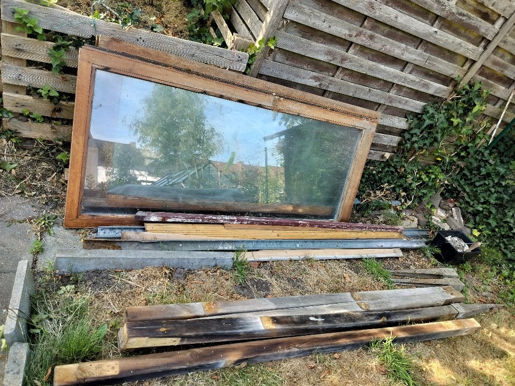 Houten raamprofielen met glazen panelen – tuinkas, Tuin en Terras, Tuinhuizen, Ophalen, Gebruikt, 3 ramen of meer, Overige typen