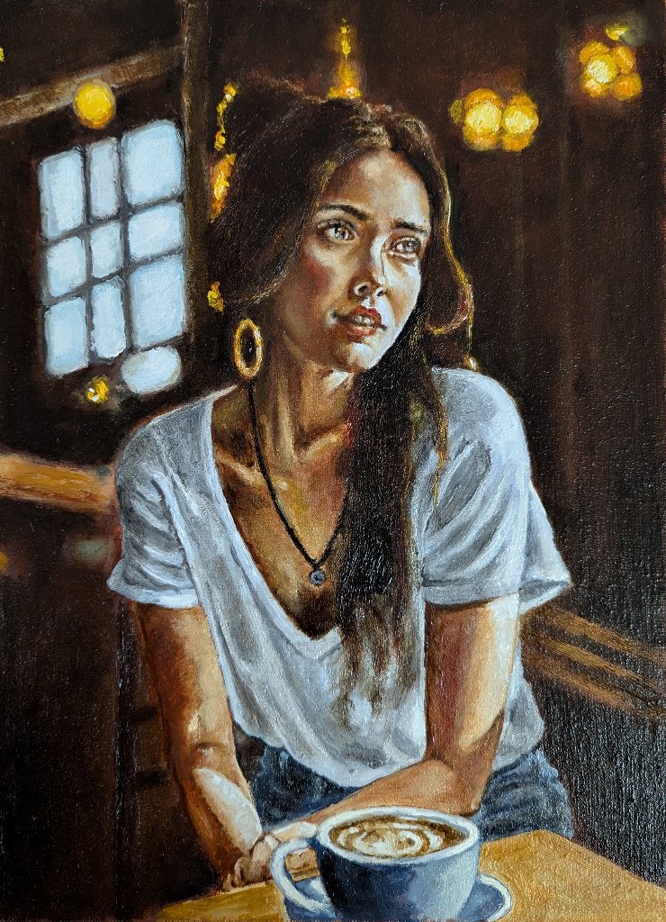 « Au café d'à côté », Antiquités & Art, Art | Peinture | Moderne, Portrait, Peinture à l'huile, Textile, Certificat d'authenticité