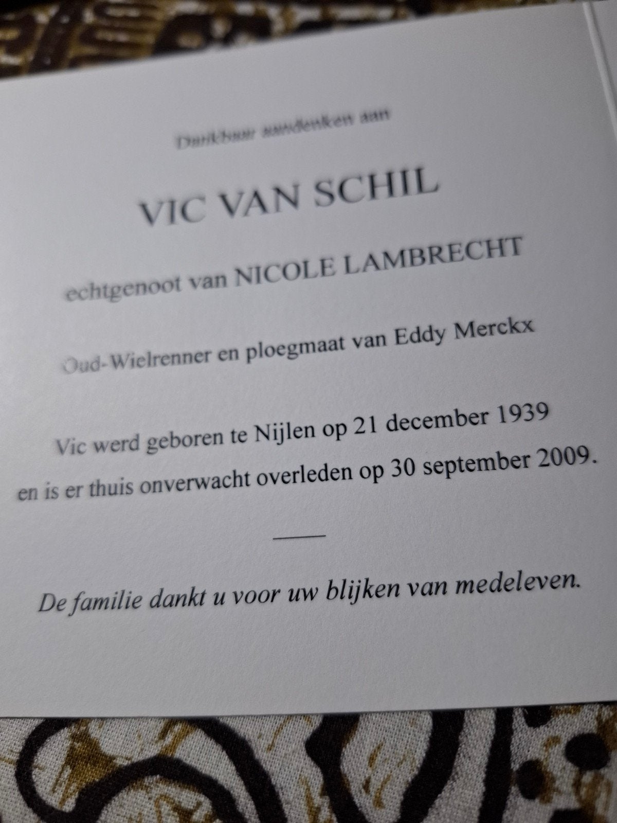 bidprentje oud wielrenner en ploeg maat van eddy merckx, Ophalen of Verzenden, Bidprentje