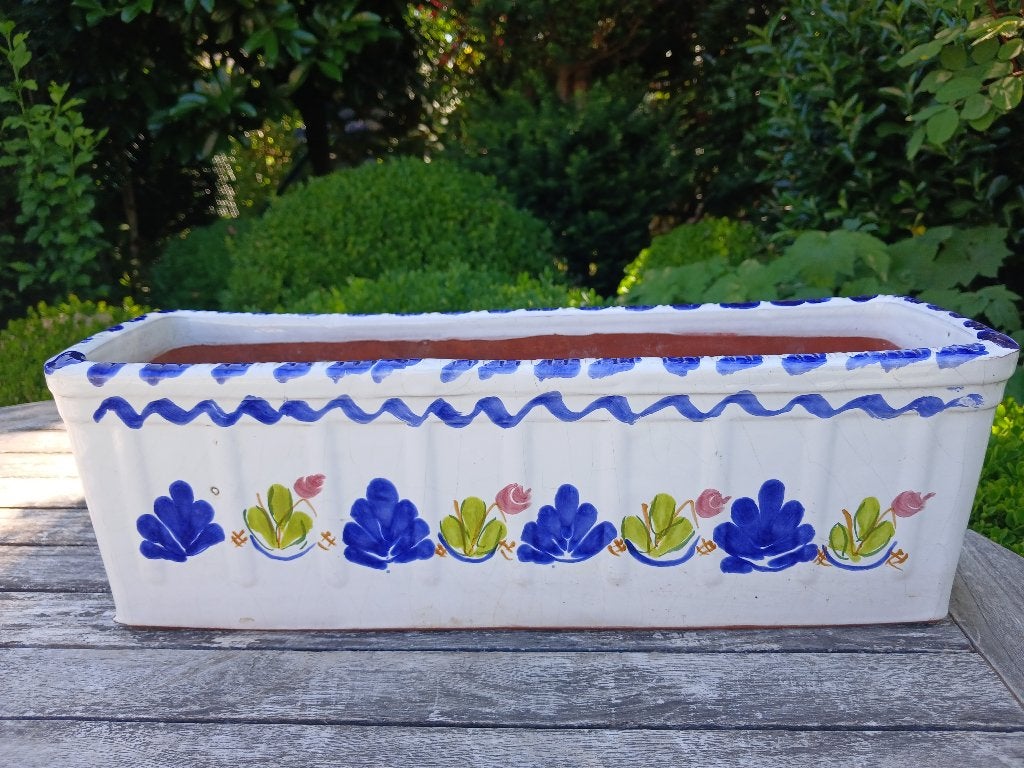 Geglazuurde bloembak in terracotta handgeschilderd, Ophalen of Verzenden, Balkon