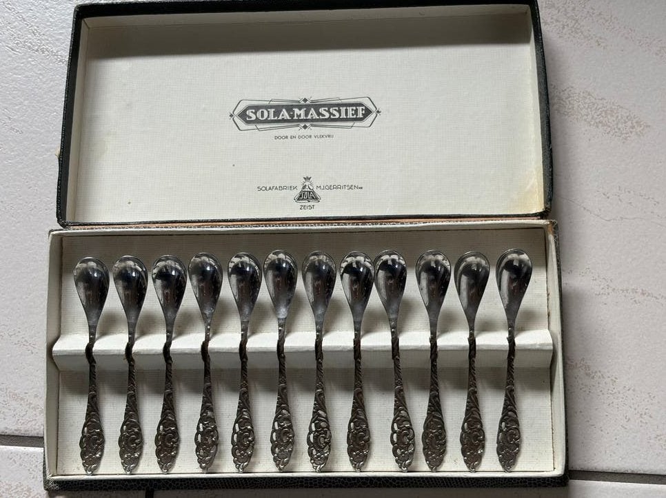 Vintage Sola Massief theelepels 12x in doos, Ophalen