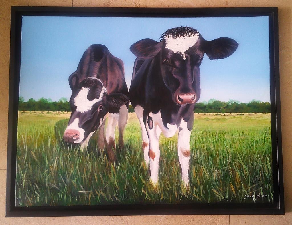 2 vaches au pâturage vers 1990 - signé Jacqueline, Antiquités & Art, Enlèvement ou Envoi
