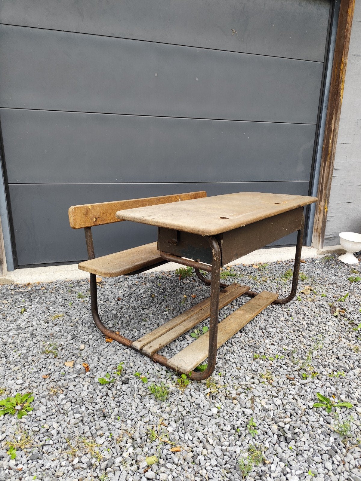 vintage schoolbankje, Ophalen, Gebruikt, Rechthoekig, Hout