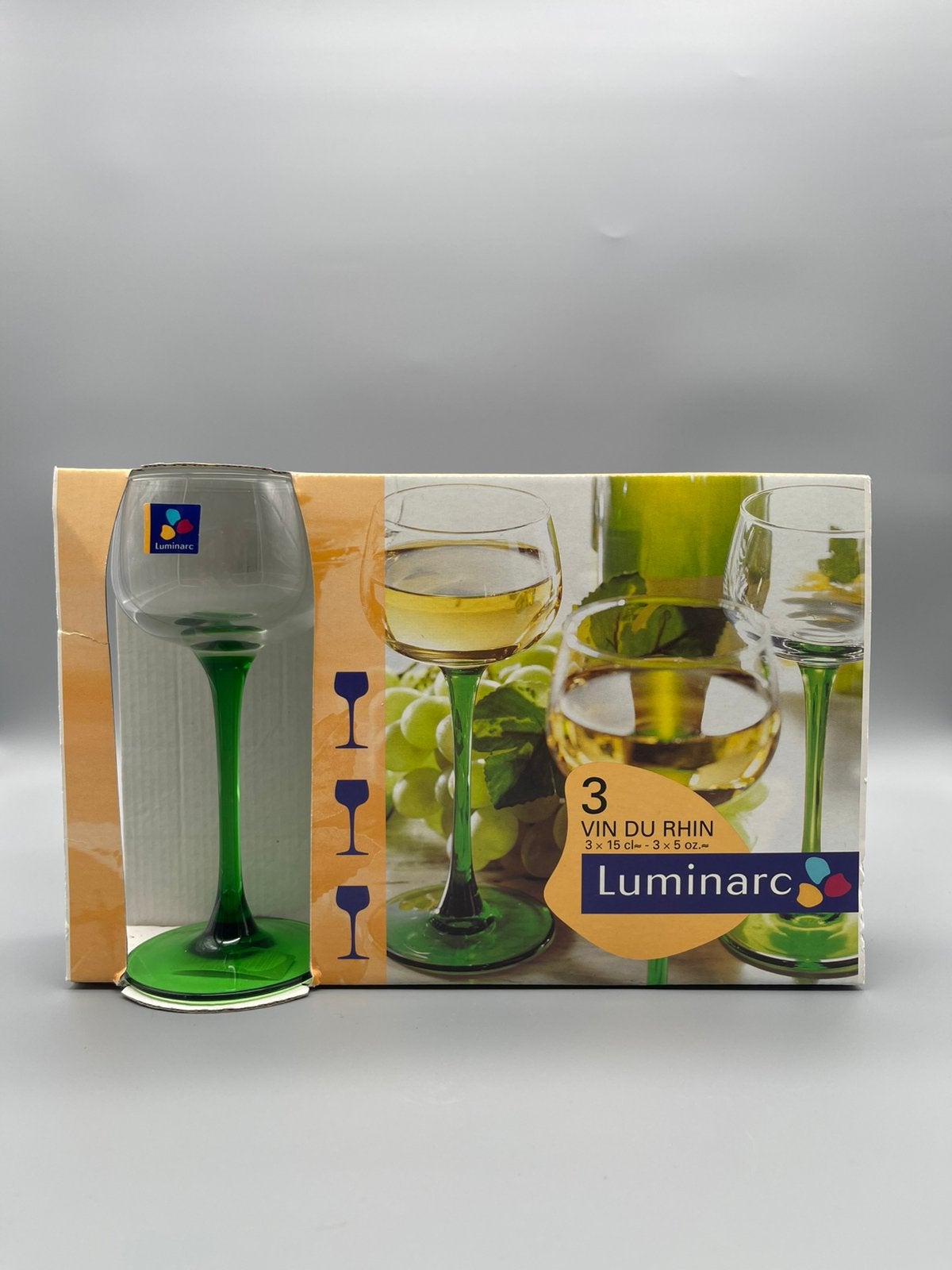 Verres à vin Luminarc Vin du Rhin, base verte, lot de 3, Enlèvement ou Envoi, Neuf, Autres types