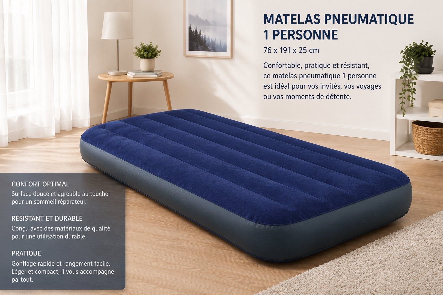 Matelas pneumatique 1 personne 76 x 191 x 25 cm, Caravans en Kamperen, Luchtbedden, Ophalen of Verzenden, Nieuw, 1-persoons