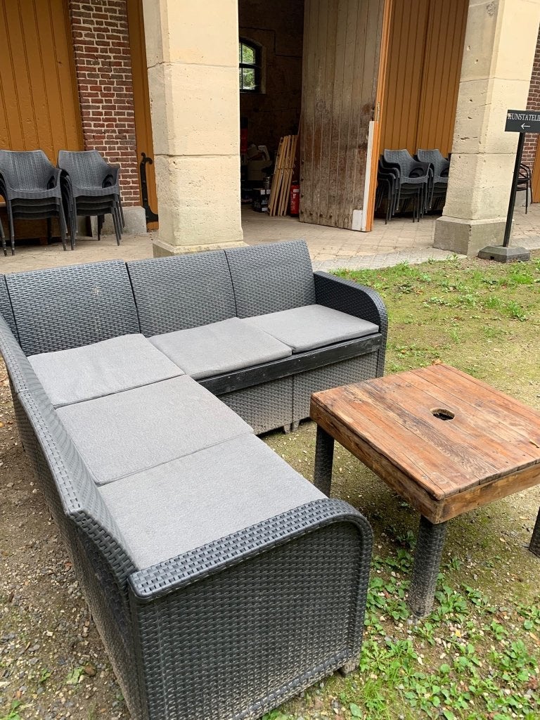 Tuinset hoekbank + tafeltje + kussens, Tuin en Terras, Ophalen, Gebruikt, Hout, Tuinset