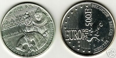 België: 500 frank 1999 (Isabella) in FDC = Morin 980, Postzegels en Munten, Verzenden, Zilver, Losse munt, Zilver