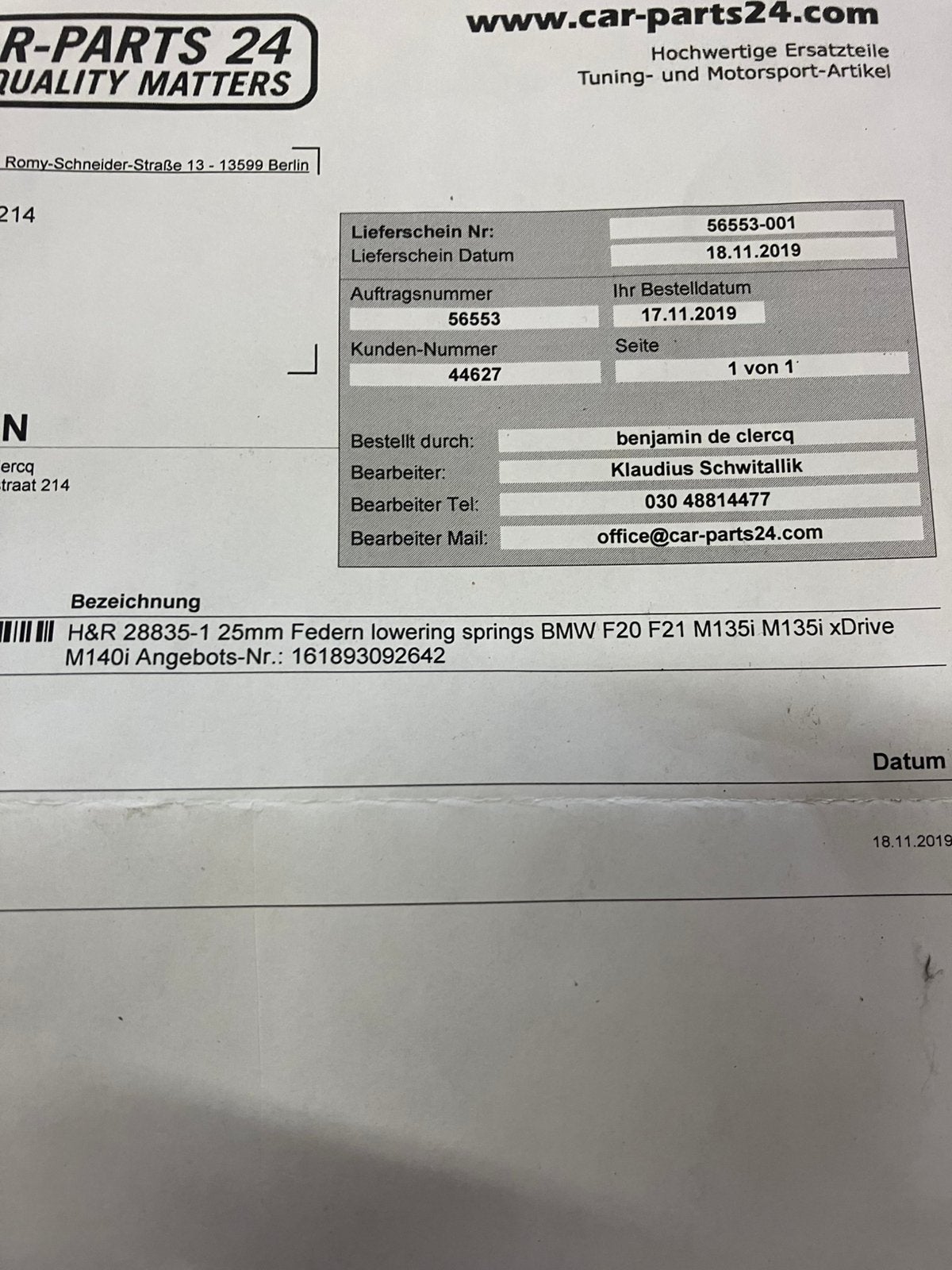 H&R verlagingsveren bmw f20-21, Enlèvement, BMW
