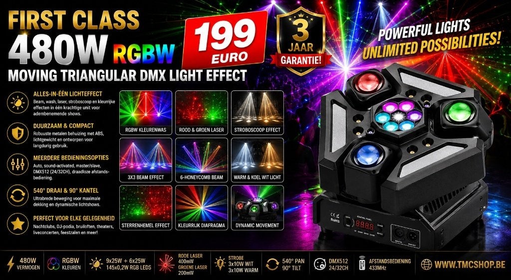 Nieuwe First Class 480W RGBW Moving Triangular Dmx Light, Muziek en Instrumenten, Ophalen of Verzenden, Nieuw, Licht, Geluidgestuurd