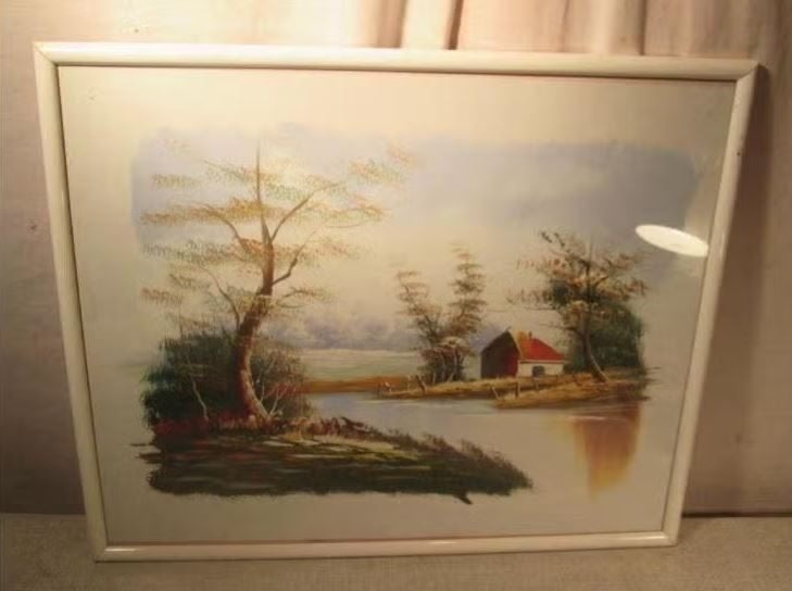 Belle œuvre peinte ancienne 'Ferme et rivière' - 52x42, Antiquités & Art, Enlèvement ou Envoi, Peinture à l'huile, Panneau, Encadré