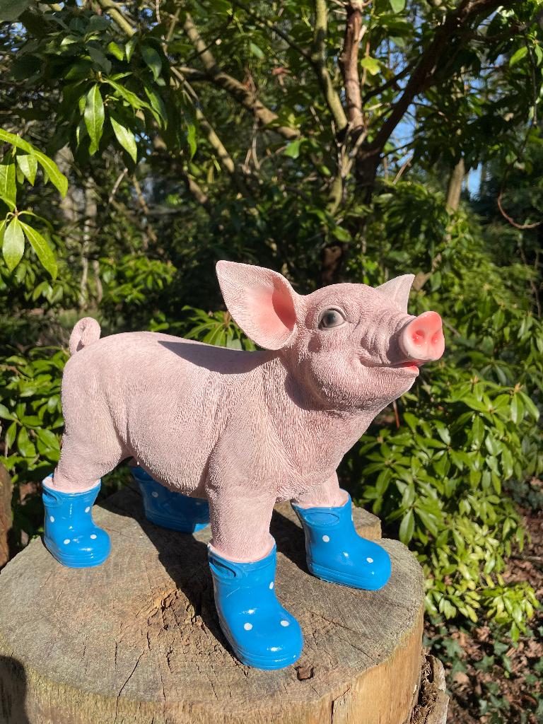 Varken laarsjes staand, Blauw, boerderij, tuin, 35cm, Ophalen of Verzenden, Nieuw, Kunststof, Dierenbeeld