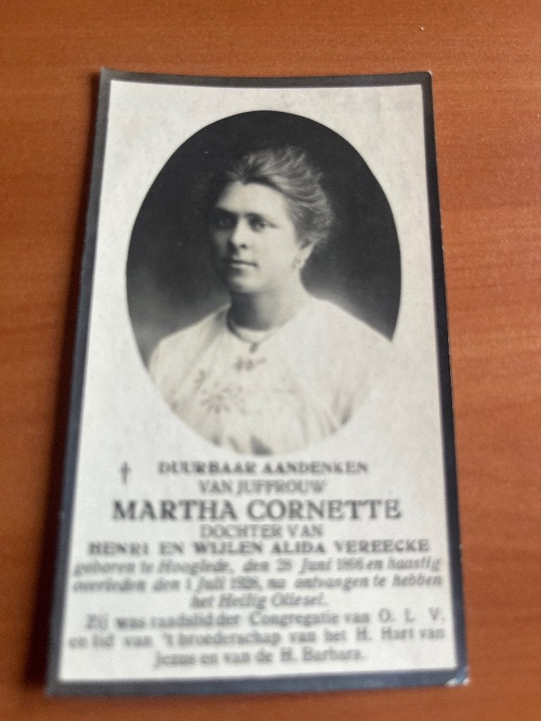 Rouwkaart M.Cornette  Hooglede 1896 + 1928, Envoi, Carte de condoléances