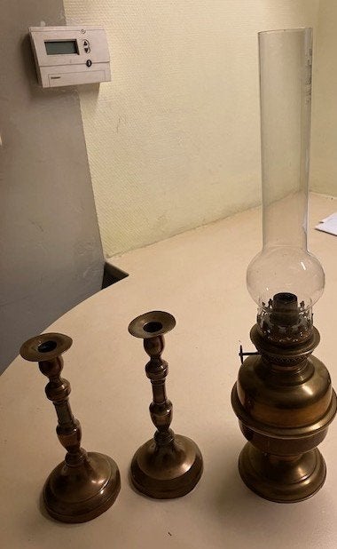 Antieke Olielamp + 2 kandelaars, Antiek en Kunst, Ophalen, Koper of Brons