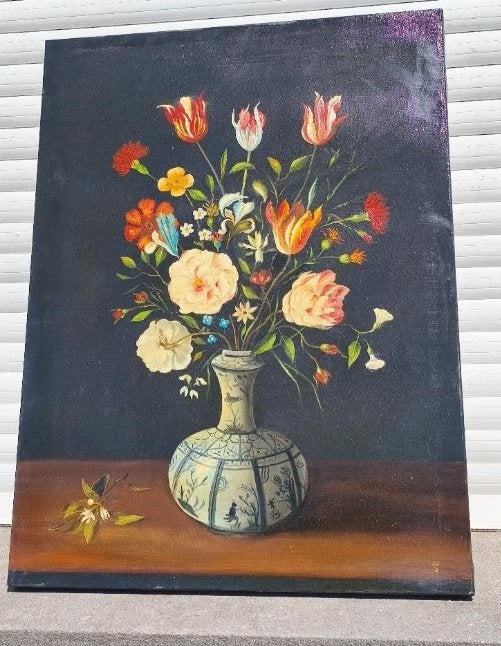 Huile sur toile fleurs monograme, Antiquités & Art, Art | Peinture | Classique, Enlèvement ou Envoi, Fleurs, Toile